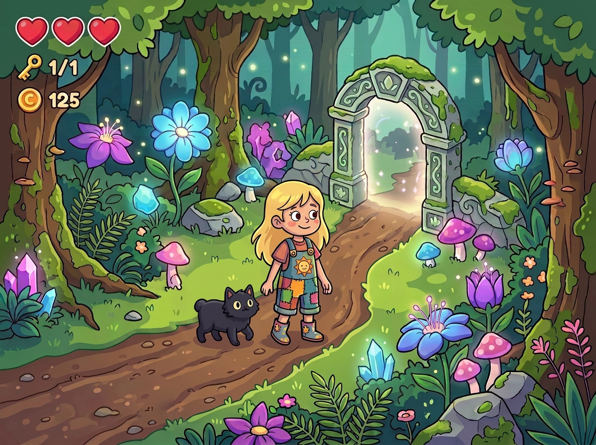 Kingdom of Nevermore concept art: a girl and a black cat standing on a forest path in front of a glowing stone archway