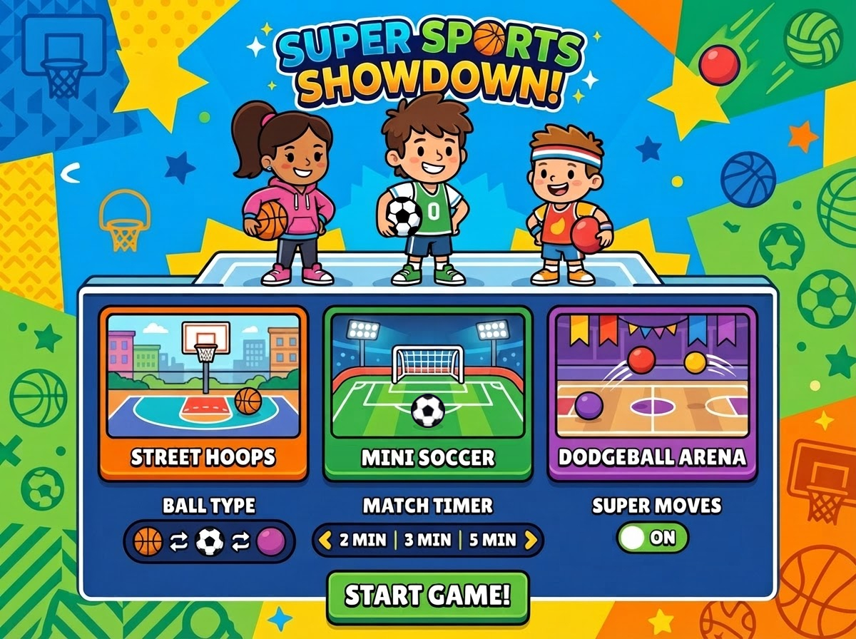 Super Sports Showdown! concept art: three kids holding a basketball, soccer ball and dodgeball in front of a sport-select screen